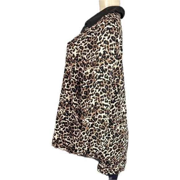 Ellen Tracy L Animal Print Button Collar Faux Leather Trim Long Sleeve Blouse - Picture 5 of 6
